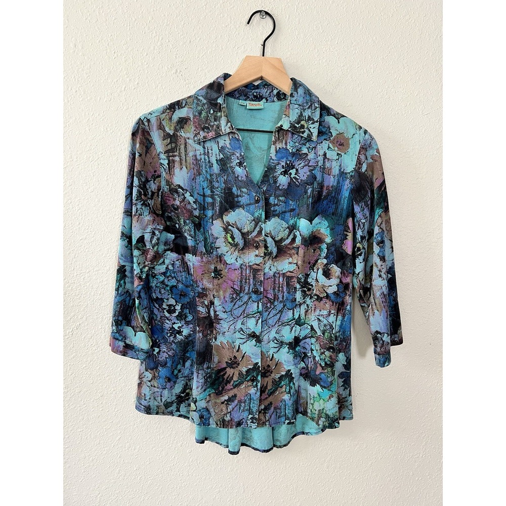 Tianello Tencel Blue Purple Floral Dynasty Blouse Retro USA Watercolor Ruffle XS